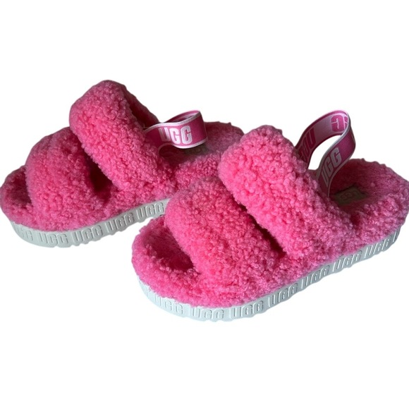 UGG Pink Rose Fluffita Oh Yea Sheepskin Fur Slippers Slides Sandals Size 7 - Picture 2 of 8